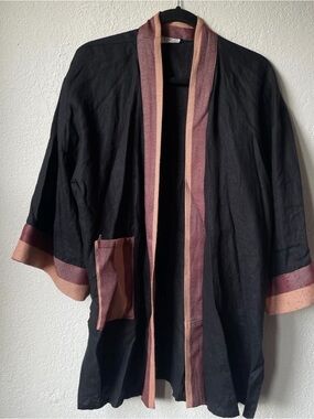 Black Open Front Kimono Jacket with Rust Trim